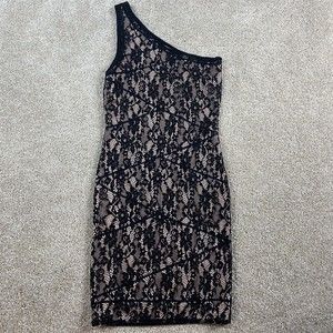 Vtg XOXO Y2k Womens Bodycon Dress L Black Nude Floral Lace One Shoulder